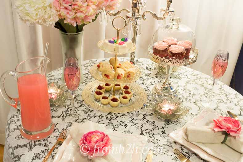 Vintage tablescape with desserts and pink lemonade