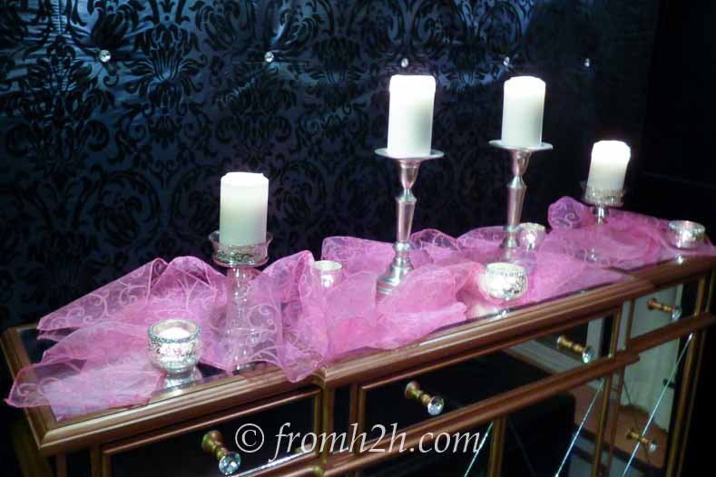 Pink chiffon ribbon with white candles