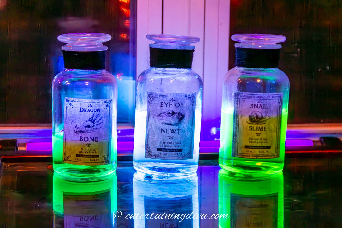 Witches potions made with tonic water and food color