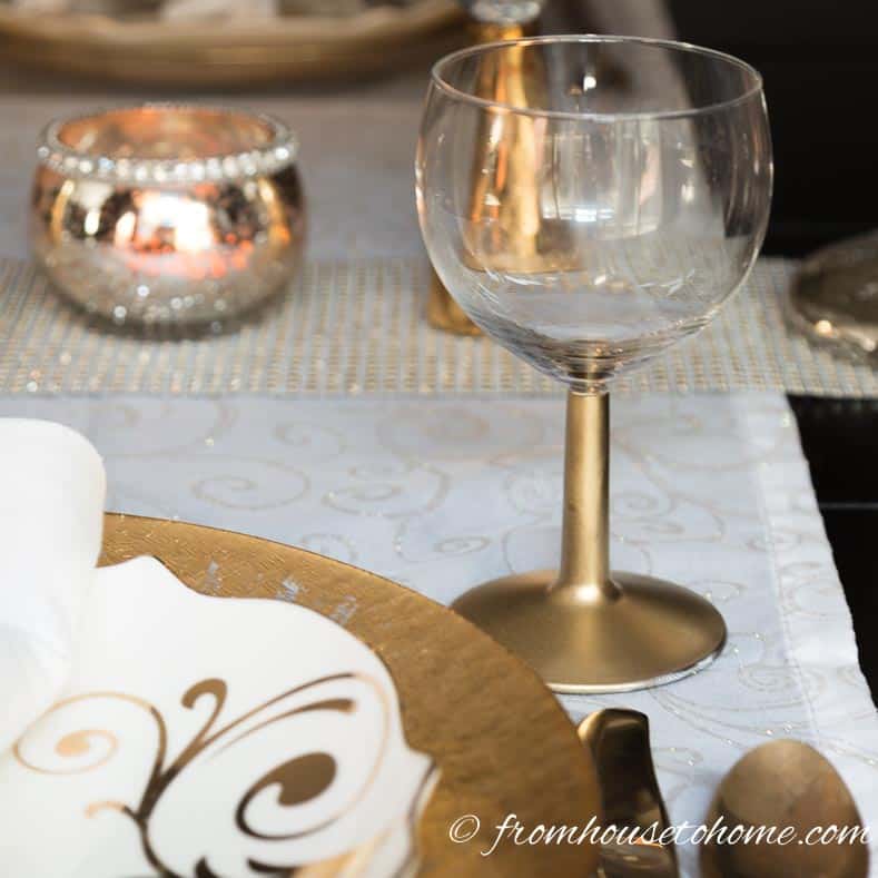 DIY gold stemmed wine glasses are a great last minute New Year's Eve party decoration idea