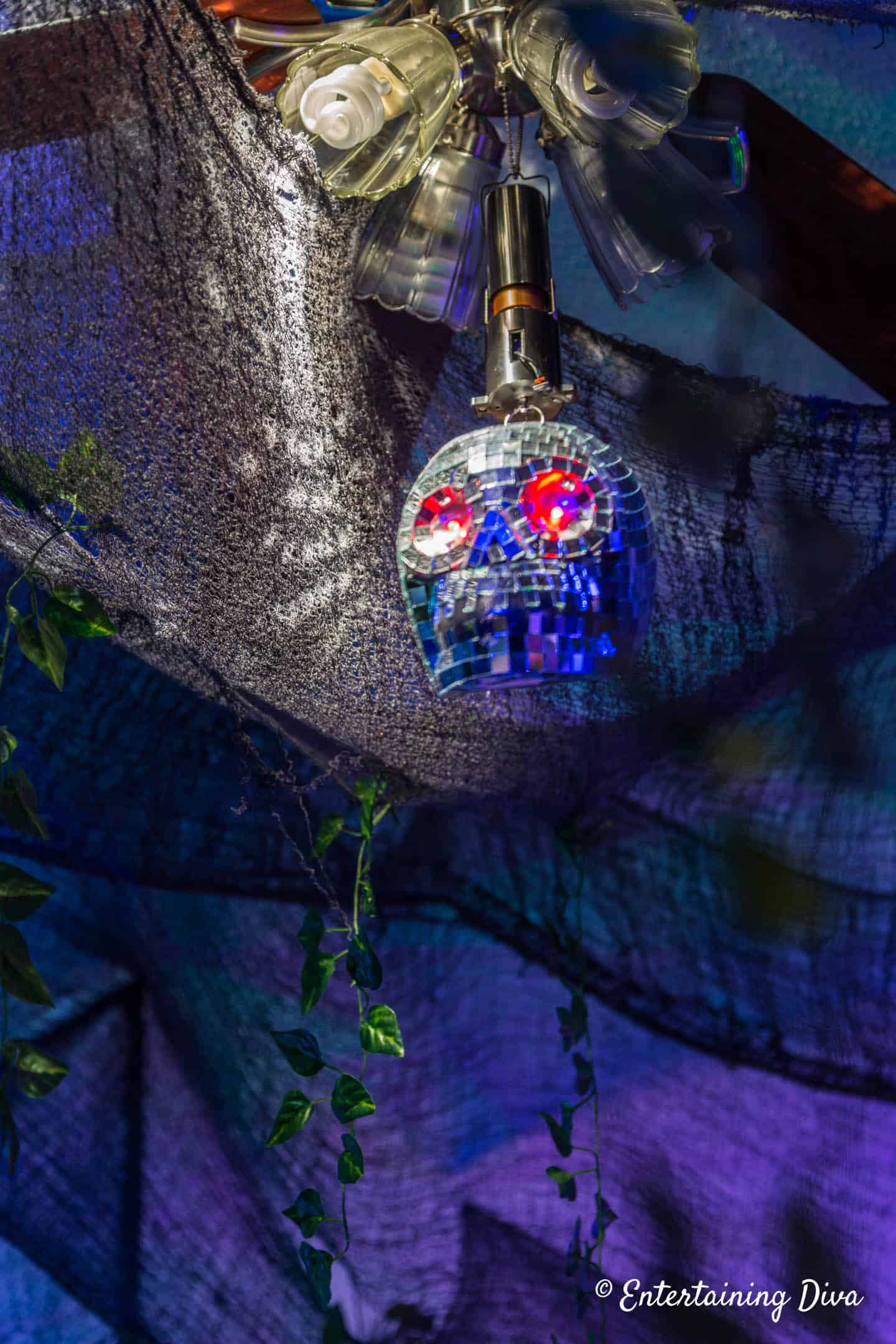 Skull disco ball hung from the ceiling