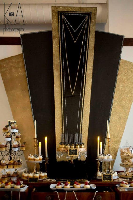 Gold and black Gatsby party backdrop from thepartyteacher.com