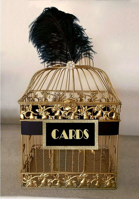 Gold and black Gatsby-inspired bird cage card holder