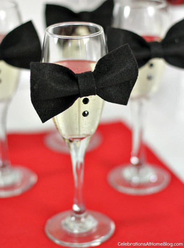 DIY Bow Tie Champagne Glasses (from celebrationsathomeblog.com) | 15 Fabulous Oscar Party Ideas