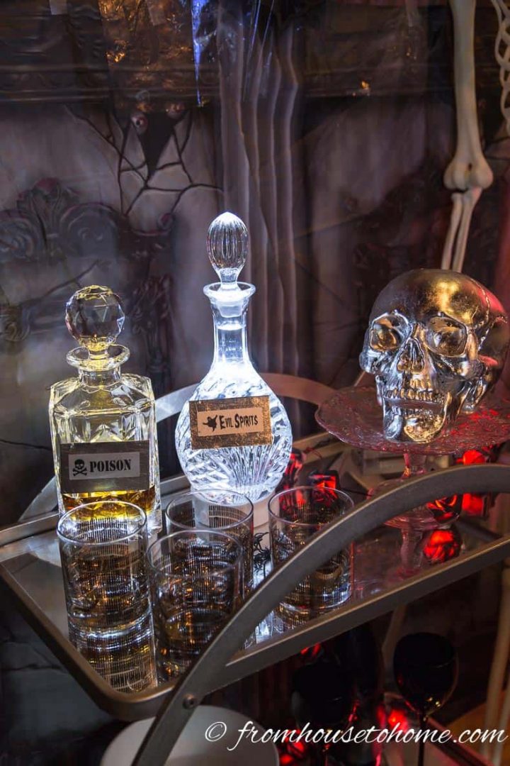 Halloween decanters on bar cart