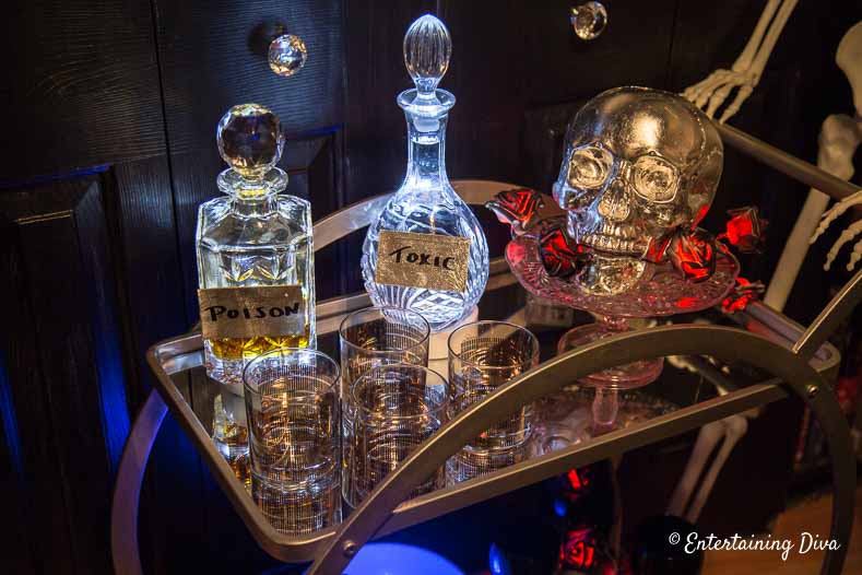 Halloween decanters on Halloween bar cart