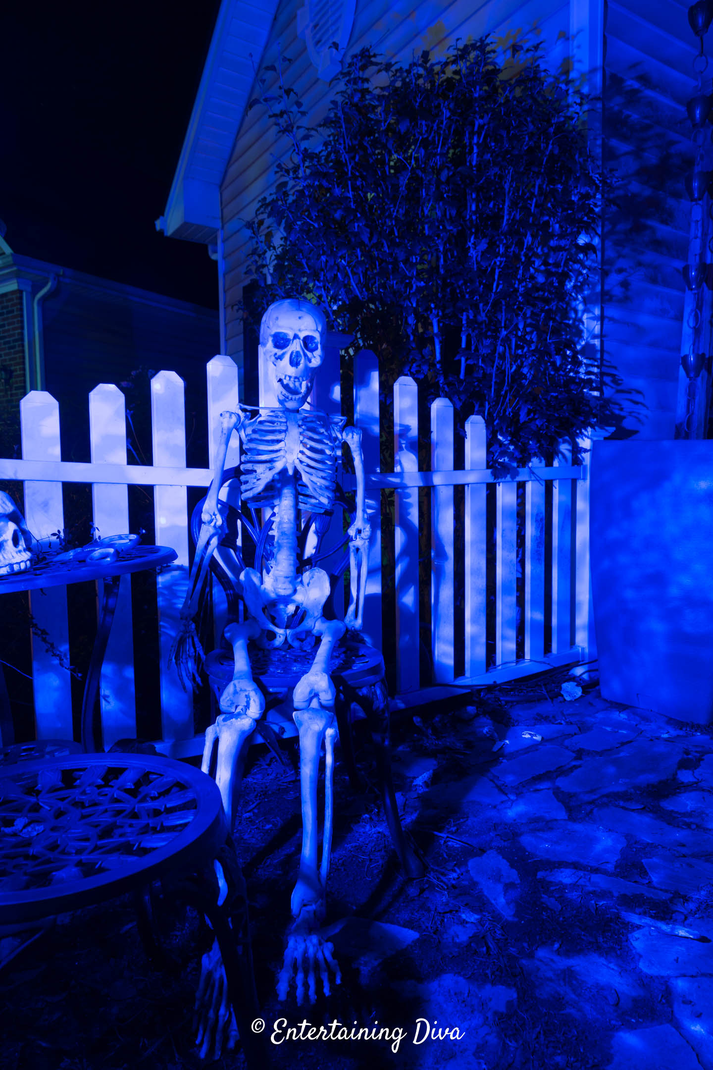 Halloween skeleton highlighted with a blue flood light