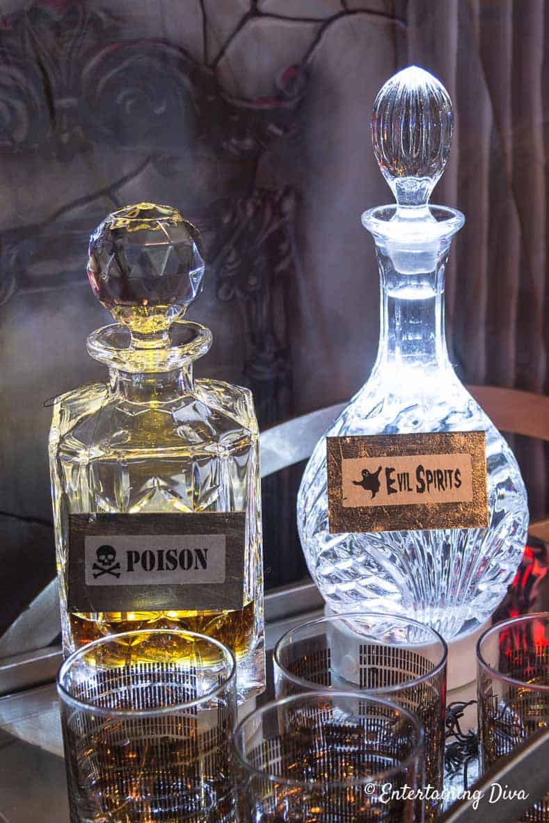 Lighted Halloween Decanters with bottle labels