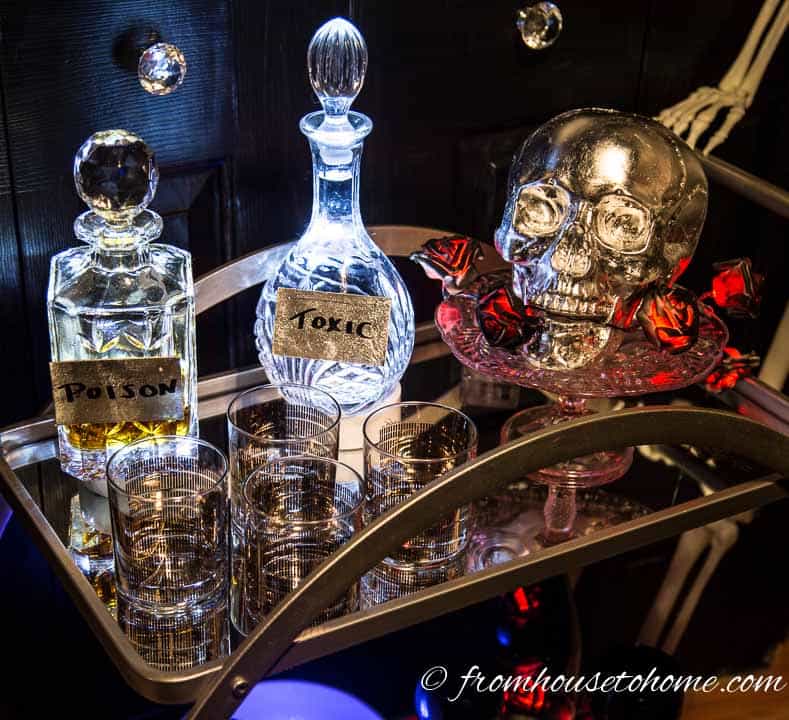 The DIY silver skull fits right in on the bar cart