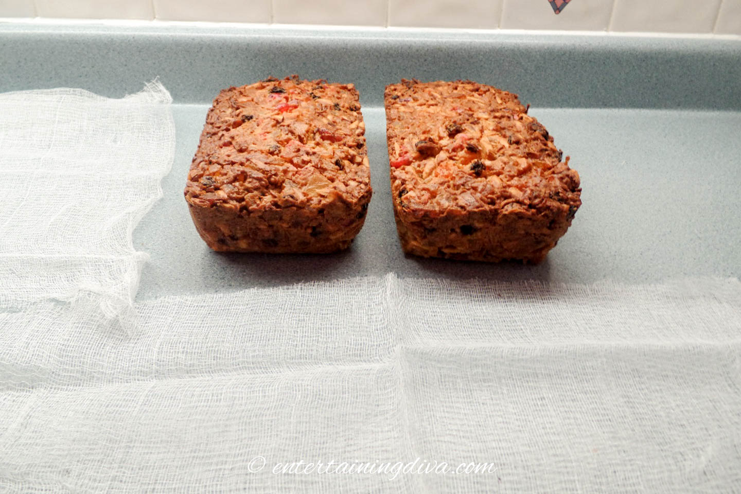 Christmas fruit cake with cheesecloth
