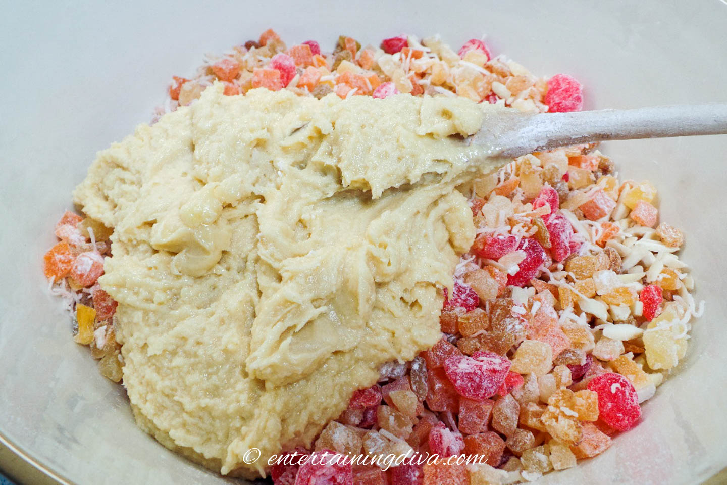Mix the batter into the fruit