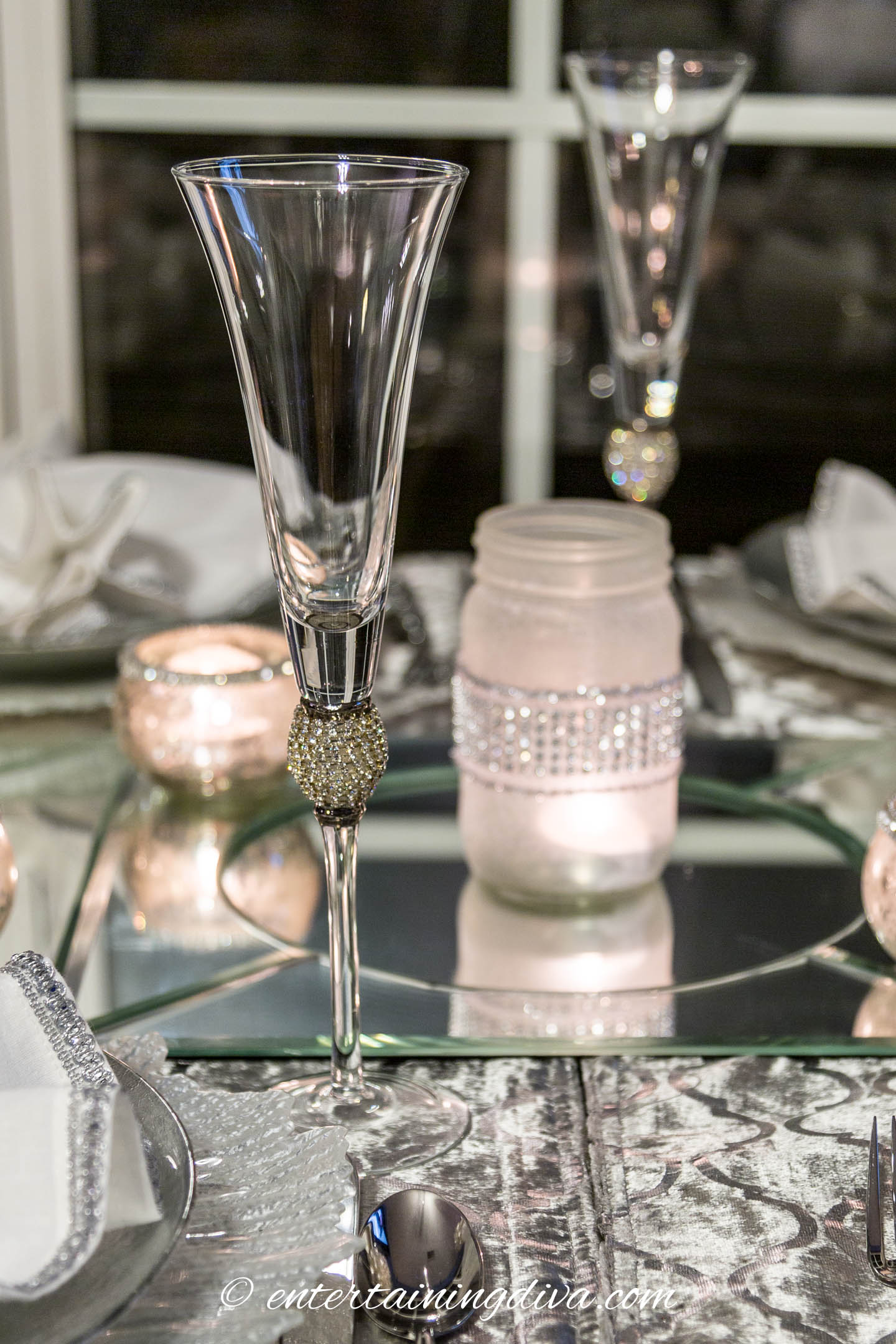 DIY candle holder to go with the champagne flutes | Silver and White Winter Table Setting