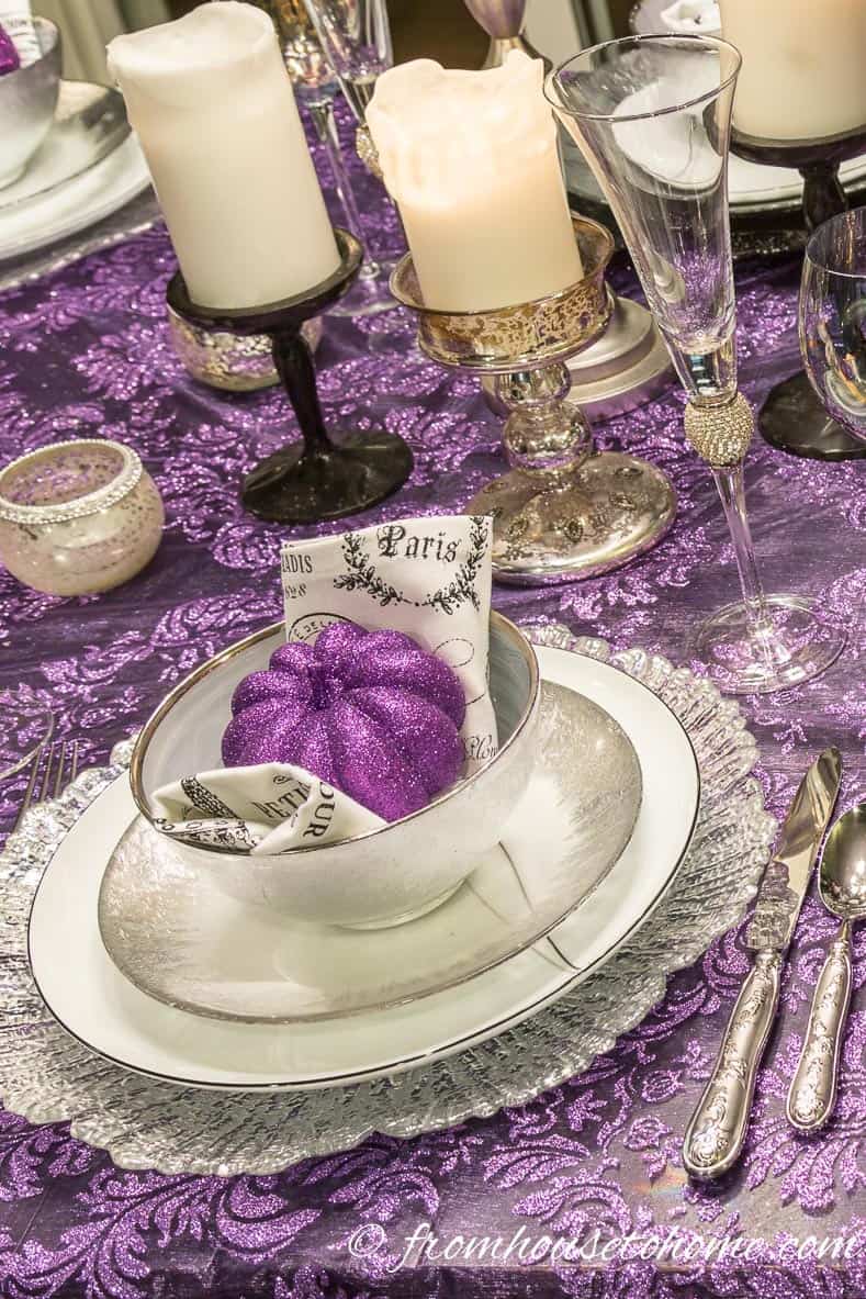 The purple and silver Thanksgiving Day table setting