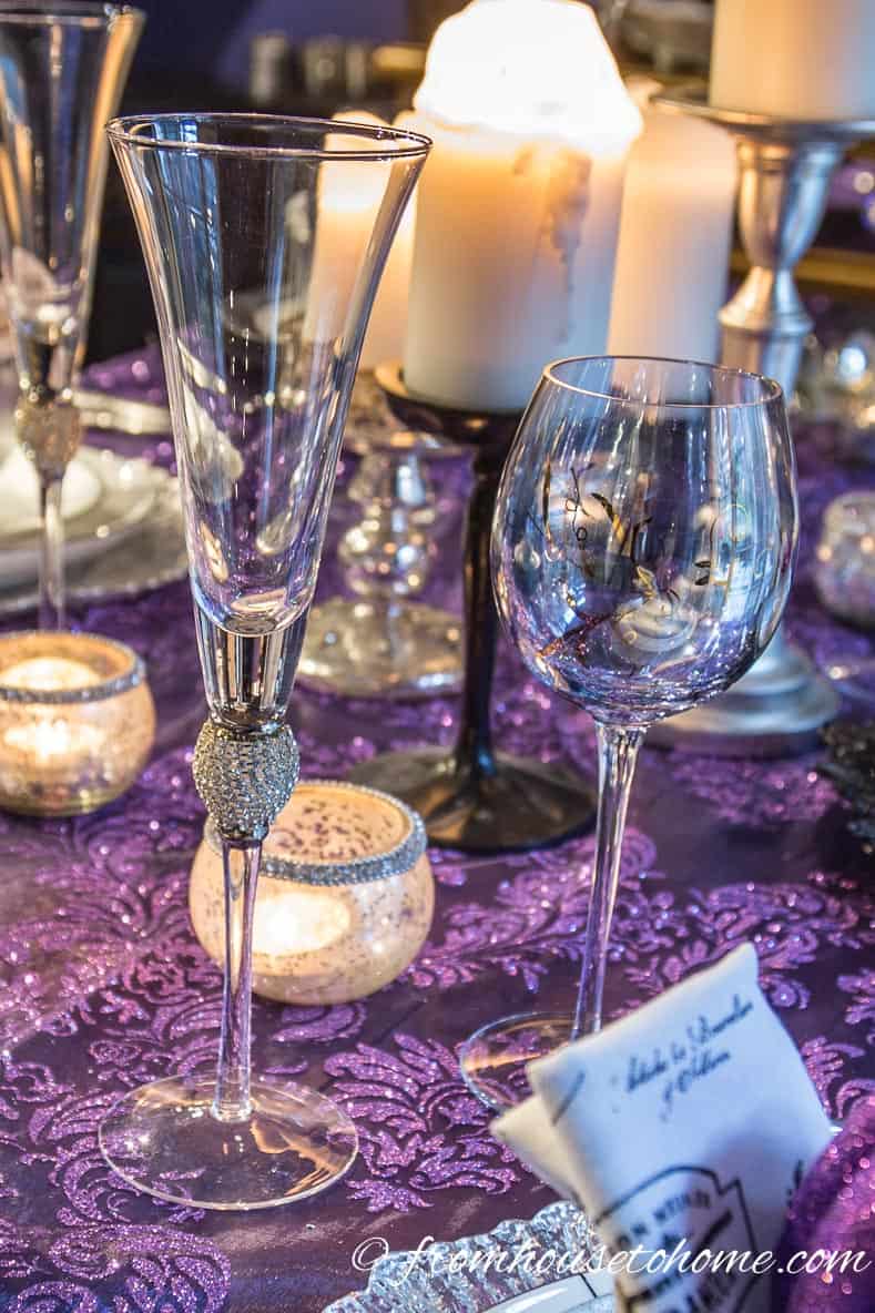 Sparkly silver champagne flutes | Silver and White Table Setting