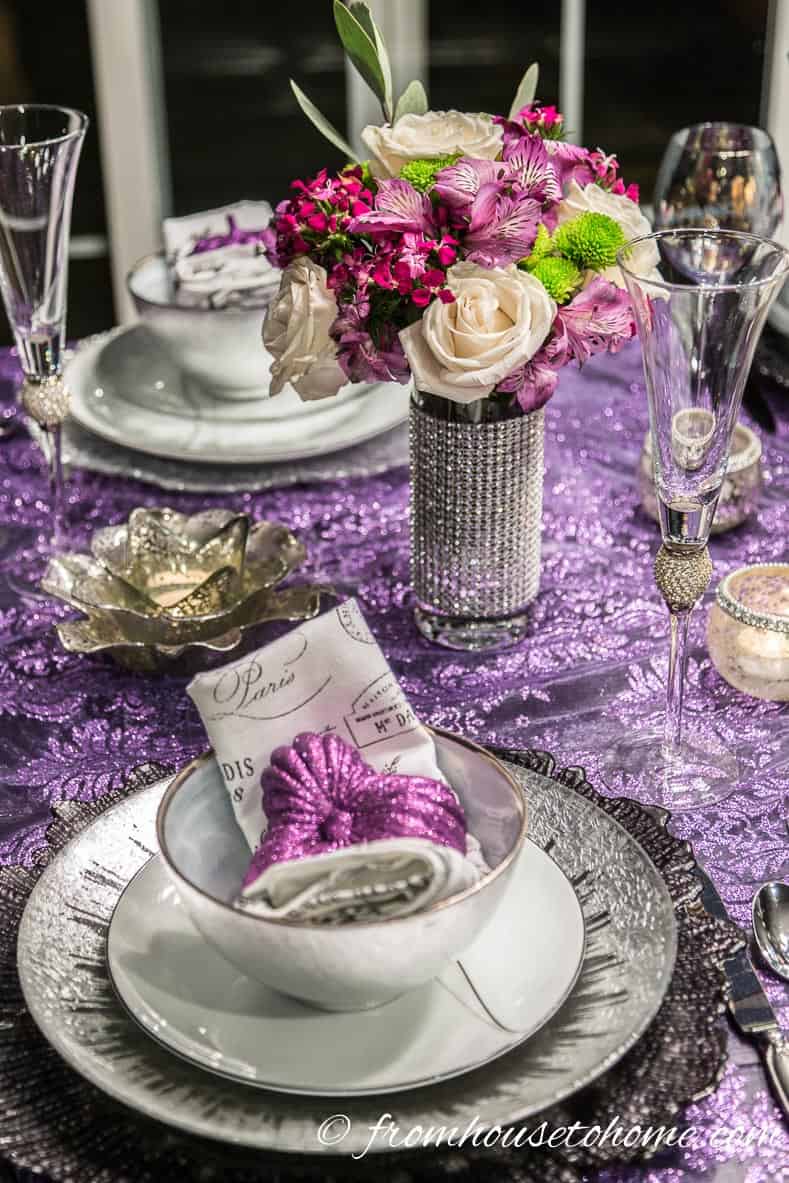 Purple and silver thanksgiving table decor with flower centerpiece