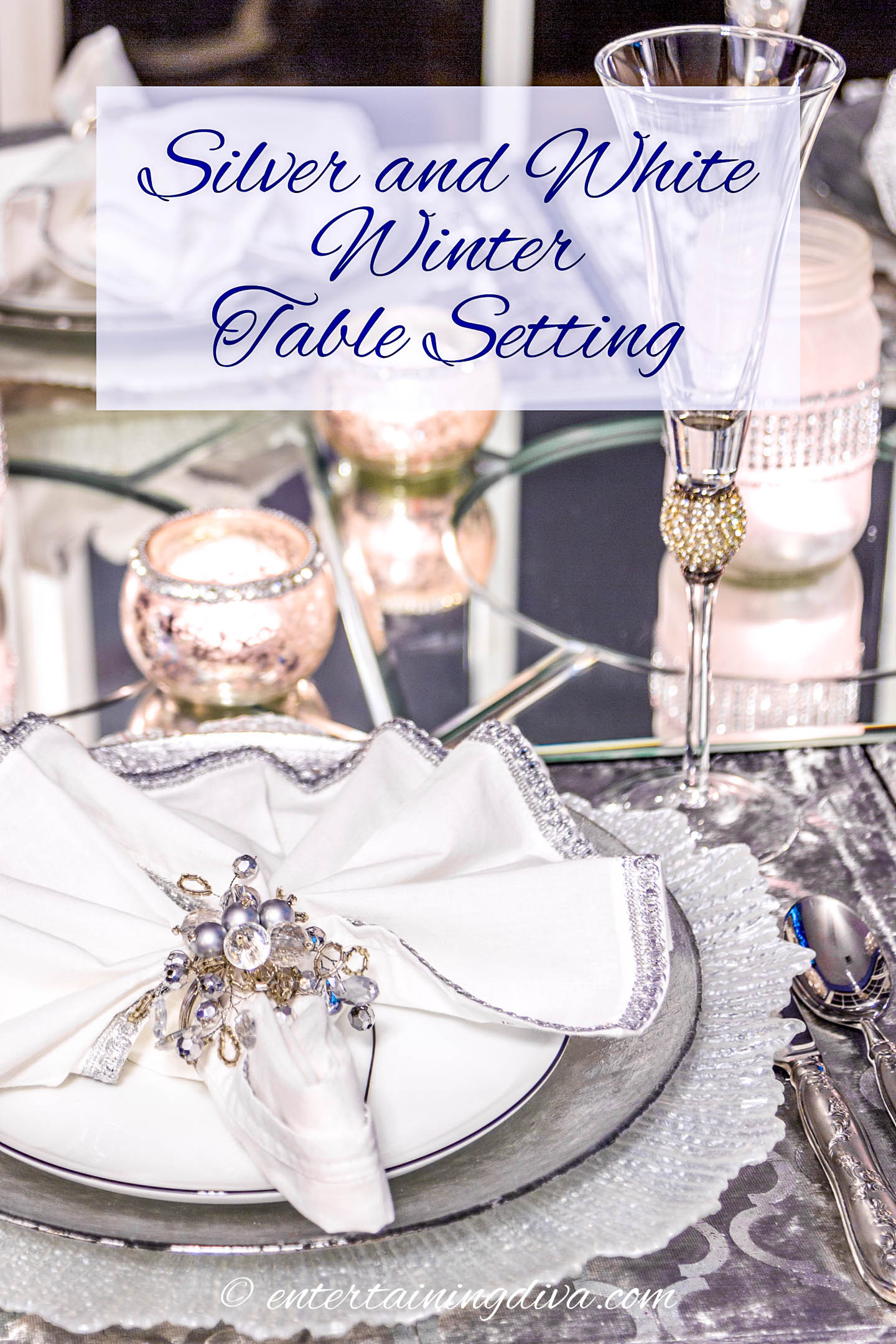 Looking for some ideas on a white and silver winter table setting for Christmas, New Year's or a winter themed party? Click here to get some inspiration. | Silver and White Winter Table Setting