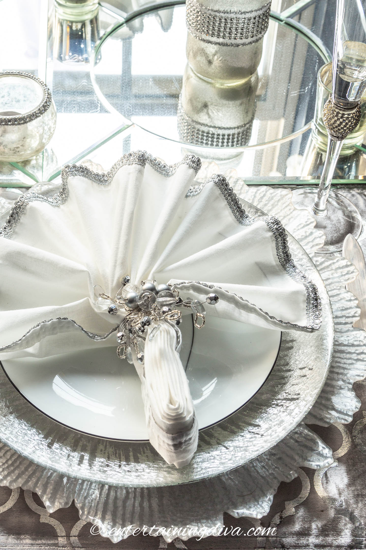 White and silver place setting | Silver and White Winter Table Setting