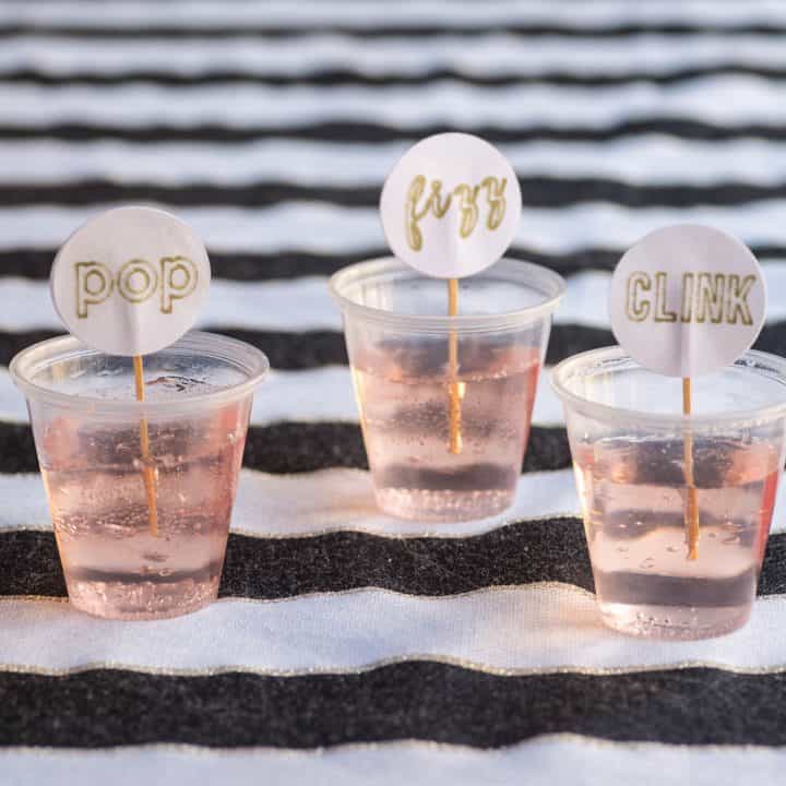 Pop, Fizz, Clink toothpicks in pink champagne jello shots