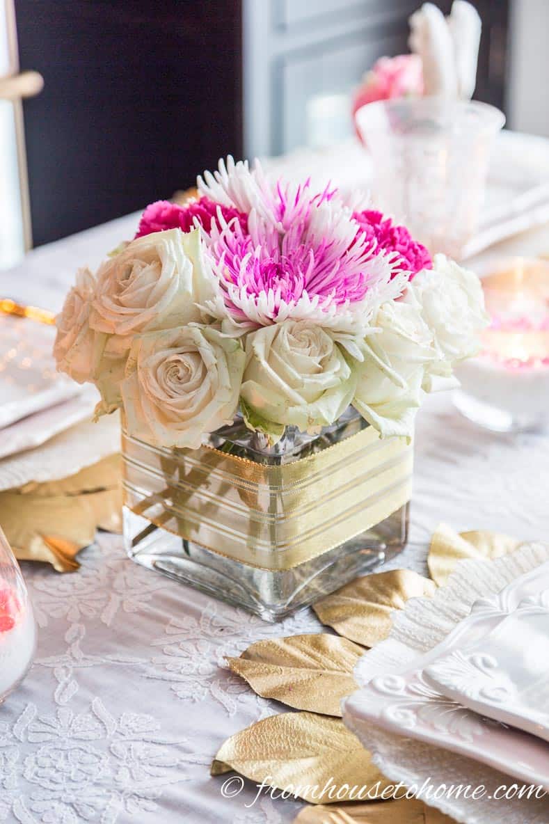 White, pink and gold floral centerpiece