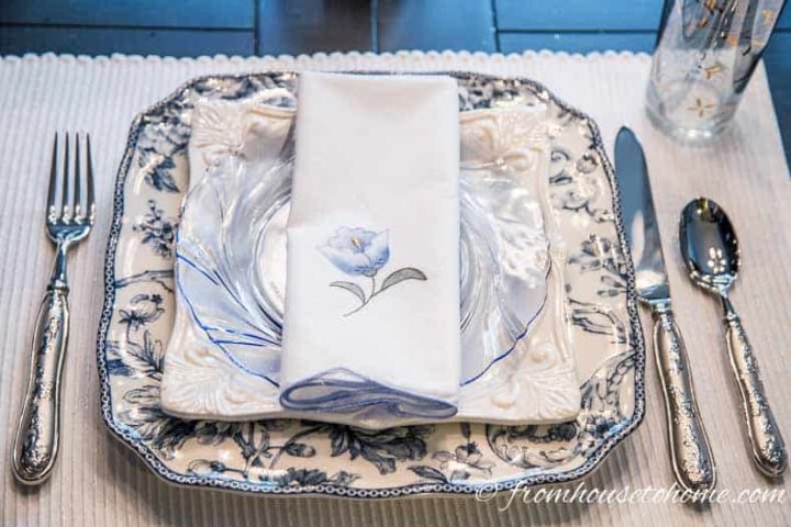 Brunch place setting with 3 different plate patterns