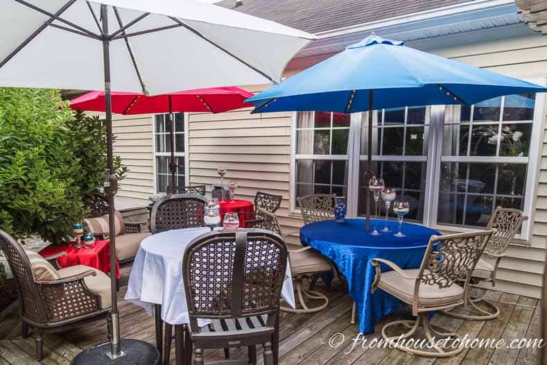 Red, white and blue umbrella covers create festive Independence Day outdoor decorations
