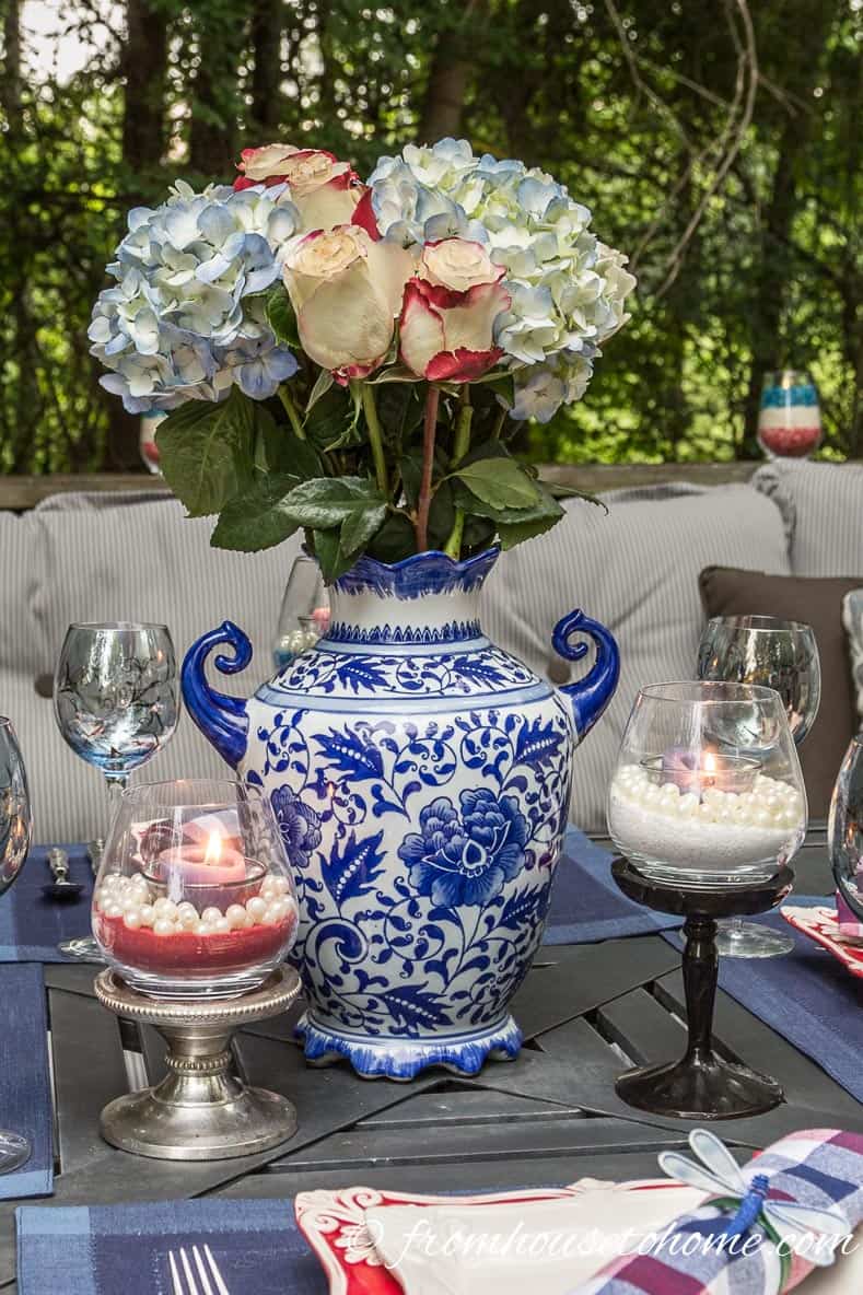 Red, white and blue centerpiece and candles