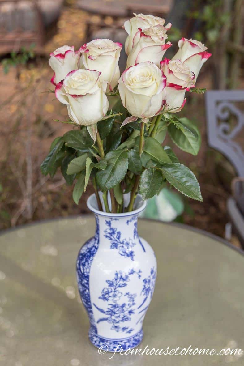 Red and white roses in blue and white vases