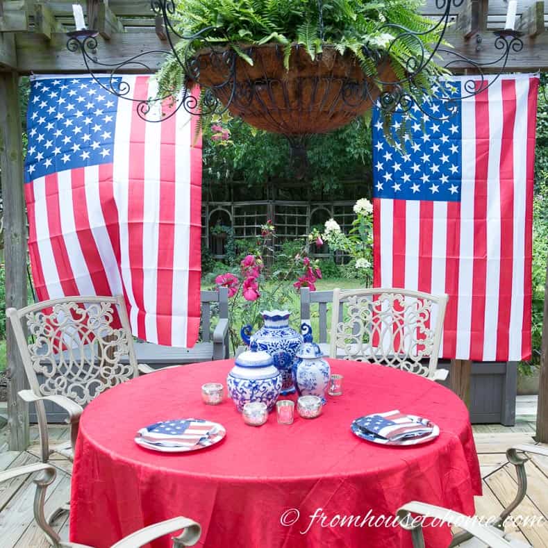 Red and white flowers in the garden compliment the 4th of July outdoor decor