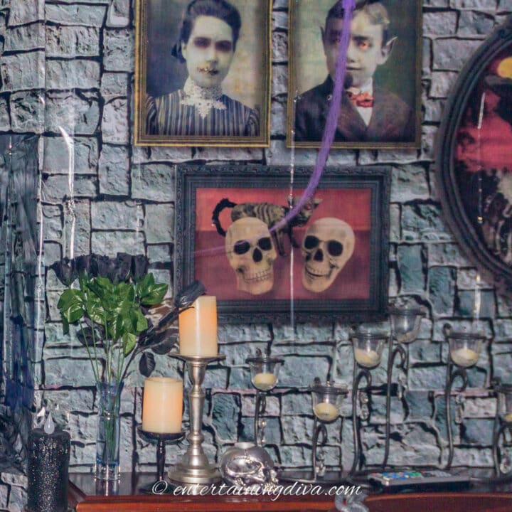 Halloween portrait scene setters on a wall covered by brick wall scene setter