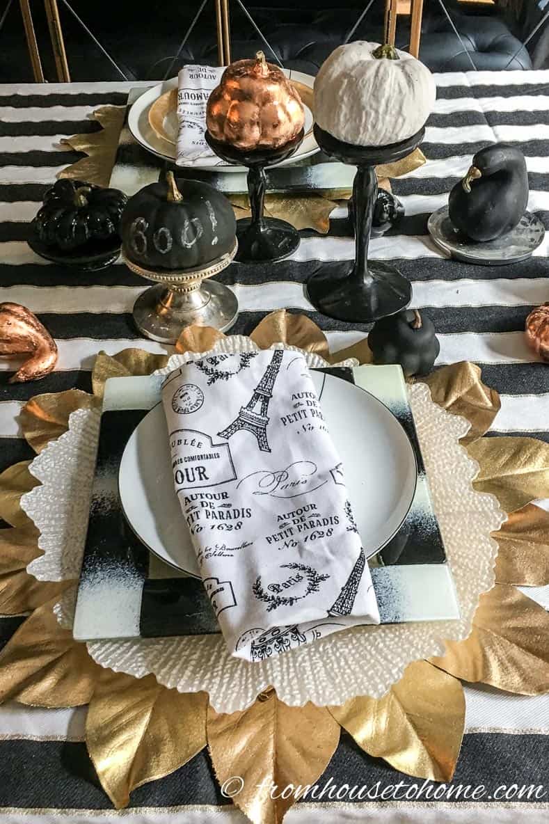 Black, white and copper fall table setting