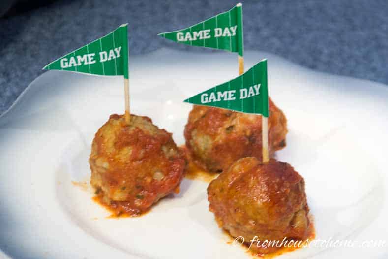 Football party crockpot meatballs with Game Day toothpicks