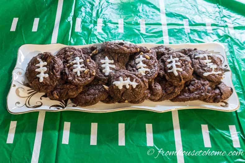 White icing on chocolate cookies is another football-shaped food