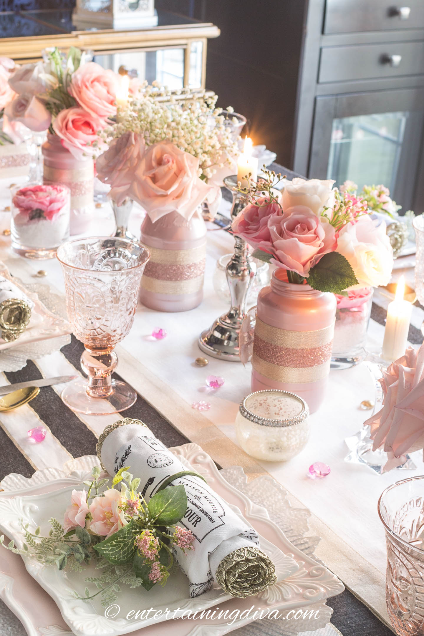 Blush pink floral centerpiece with roses