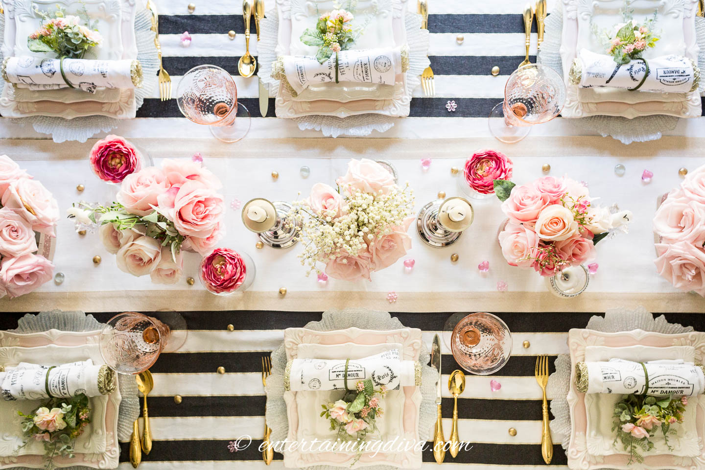 Black, white and blush pink tablescape overhead view