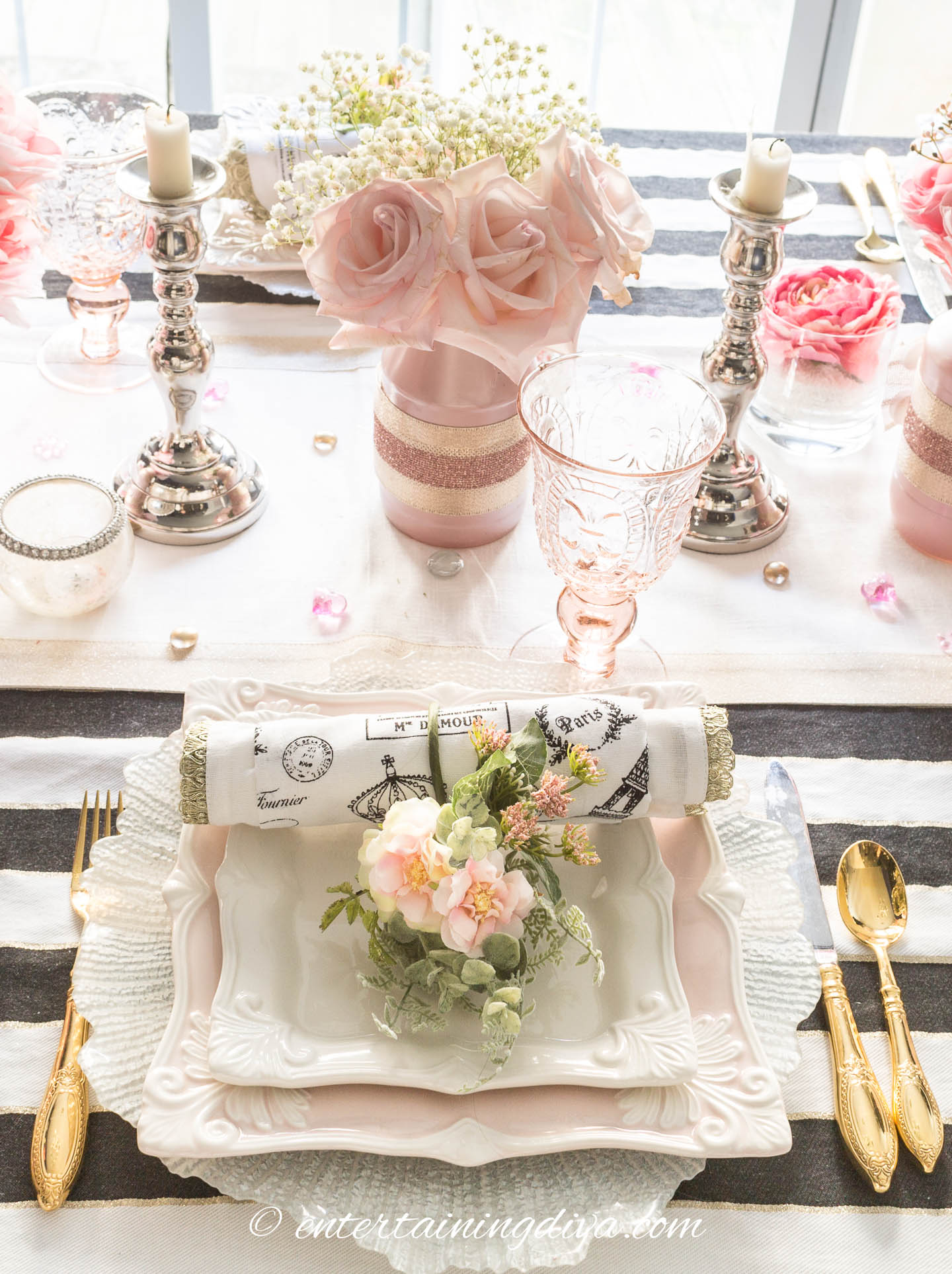 Galentine's Day blush pink place setting with roses