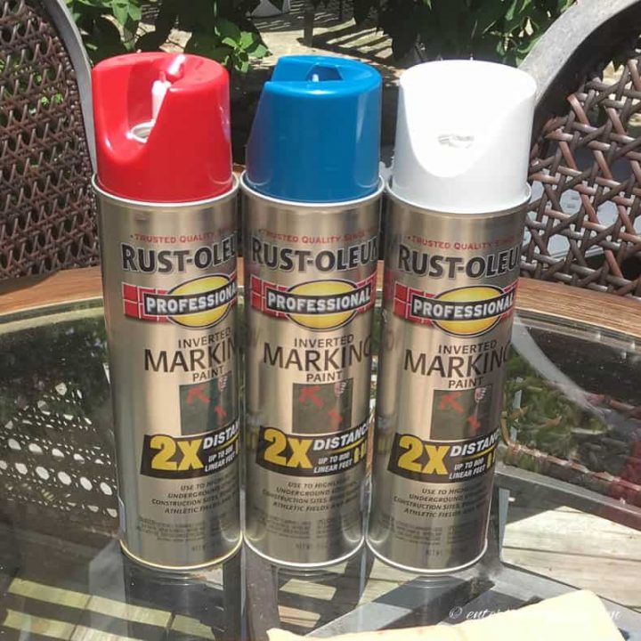 Red, white and blue marking spray paint cans used to make diy patriotic lawn decorations 