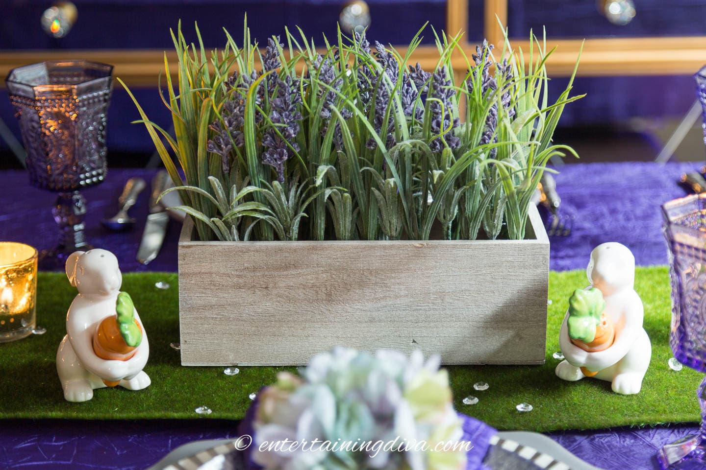 Purple and Green Easter Tablescape centerpiece