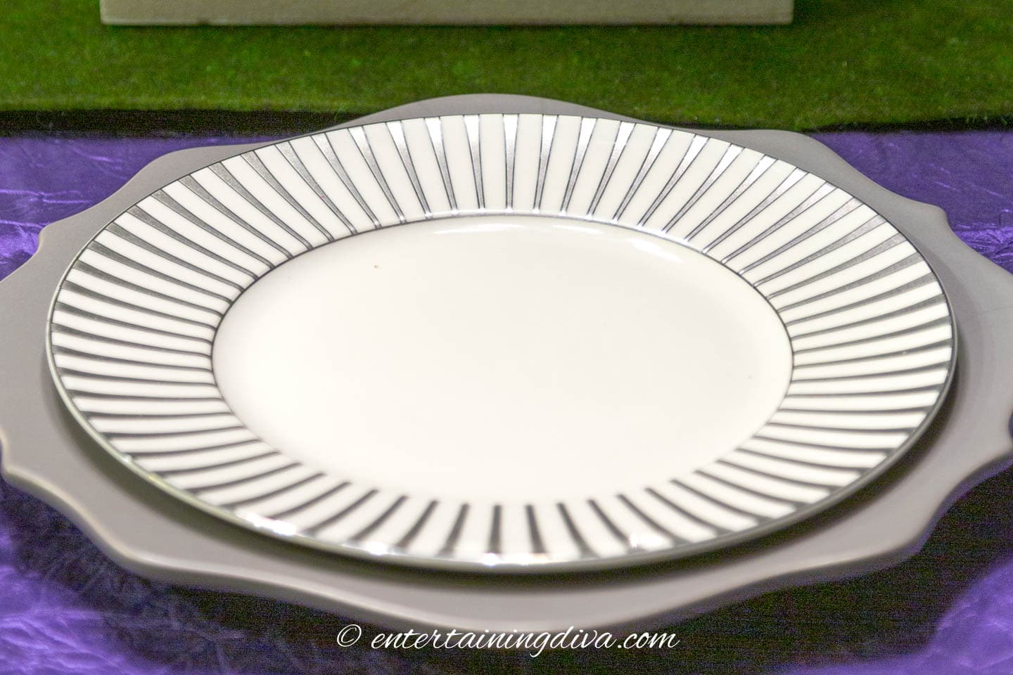 Purple and Green Easter Tablescape white and silver plates