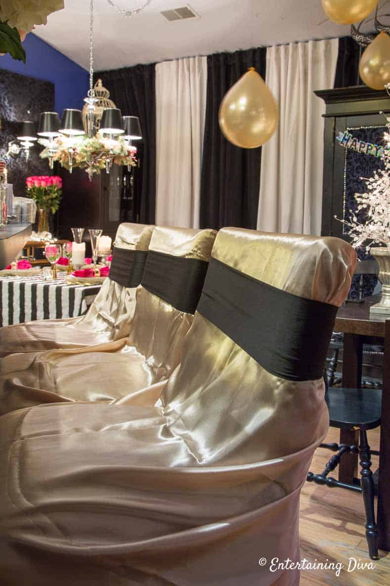 kate spade themed party decor ideas gold chair covers