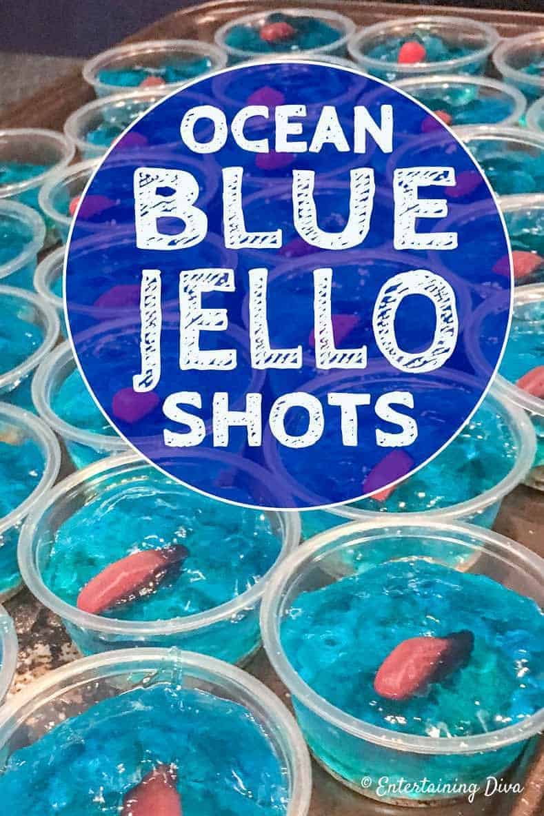 This 'under the sea' Swedish fish jello shot recipe with coconut rum is awesome! It is made with Malibu rum and is one of the best blue jello shots I've tried. #entertainingdiva #jelloshots #cocktailrecipe #summerfun #partyideas Under The Sea Swedish Fish Jello Shot Recipe