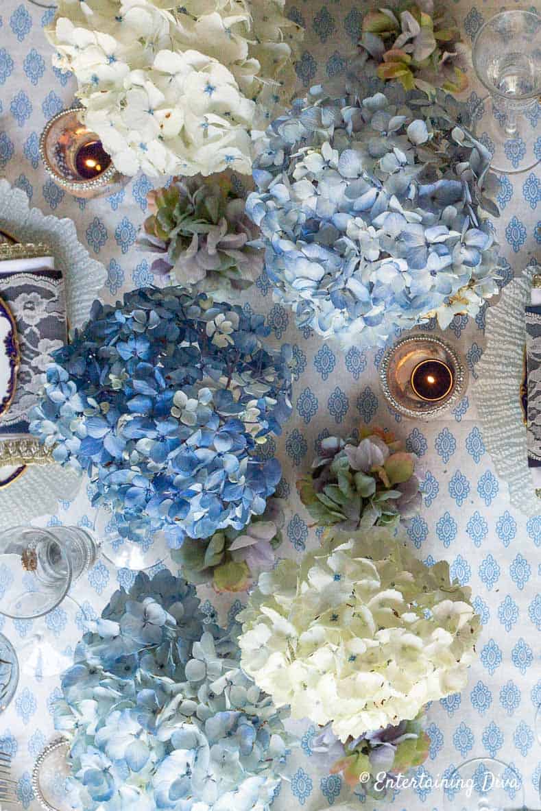 Blue and white Hydrangea centerpiece