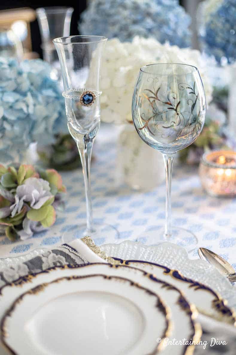 Blue and gold stemware