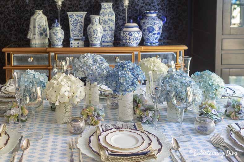 Blue and white summer tablescape