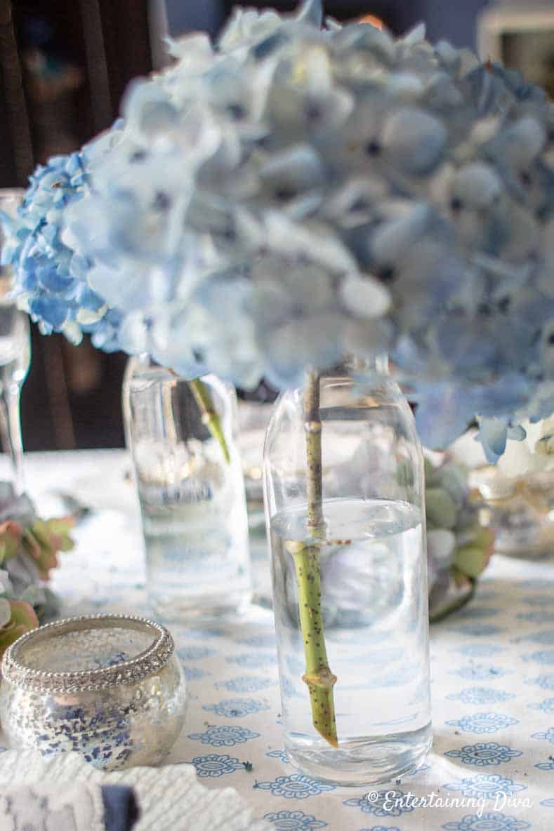Blue hydrangea in clear glass vase