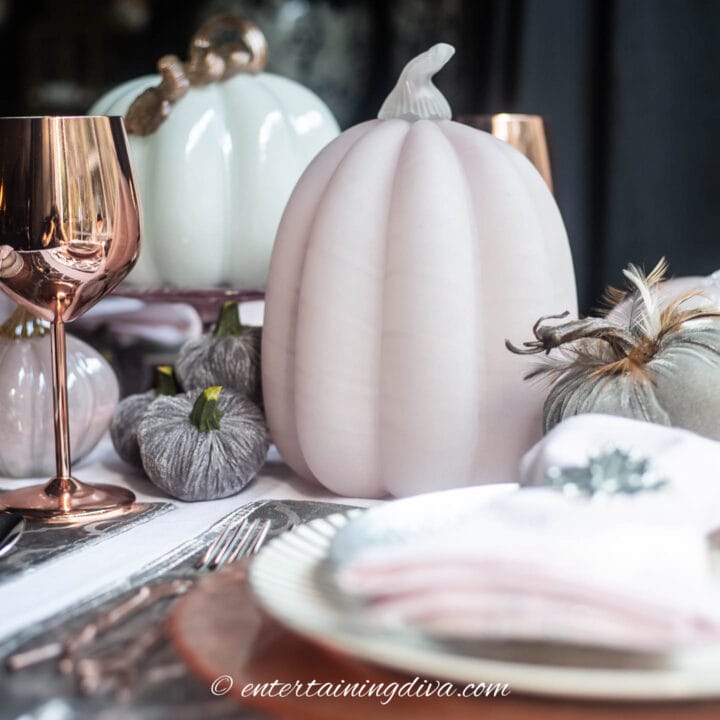 Gray velvet pumpkins with pink and white glass pumpkins