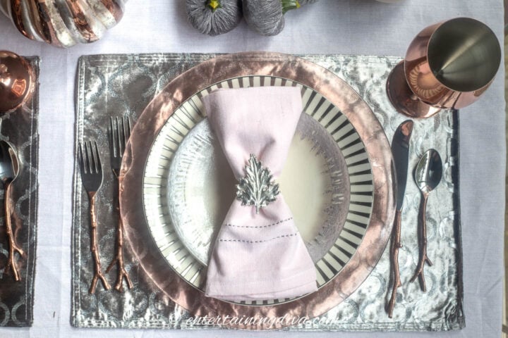 Pink, silver and copper fall table setting