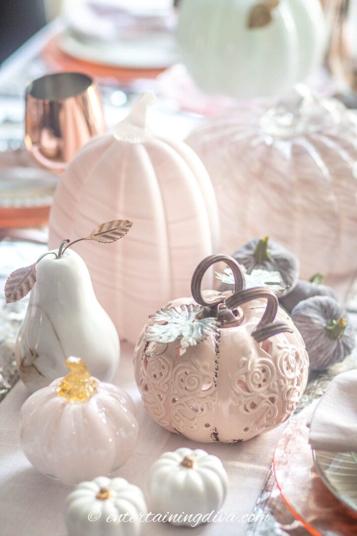 white and blush pink pumpkins on a fall tablescape