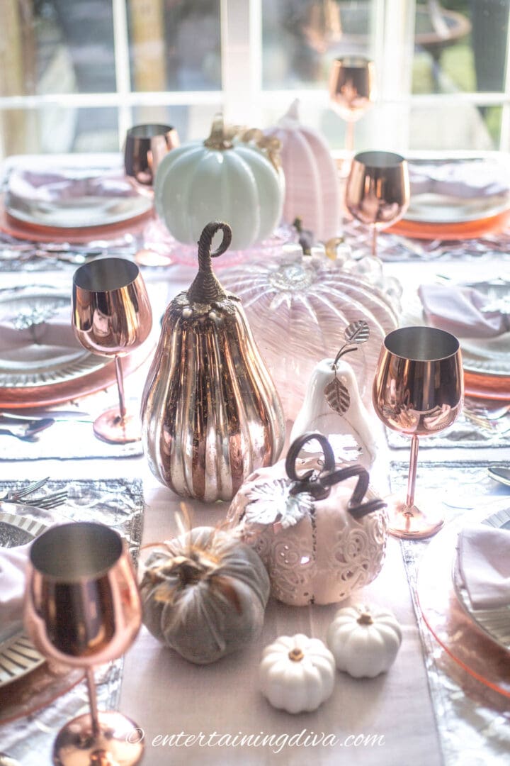 fall tablescape with pink, white and copper pumpkins