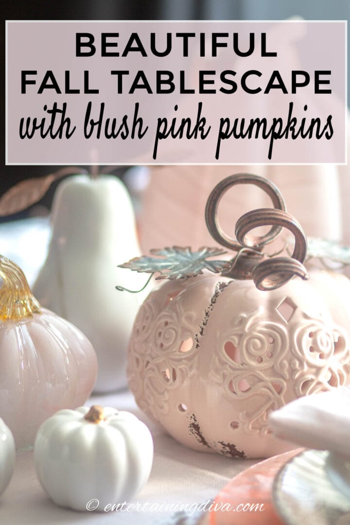 Beautiful fall tablescape with blush pink pumpkins