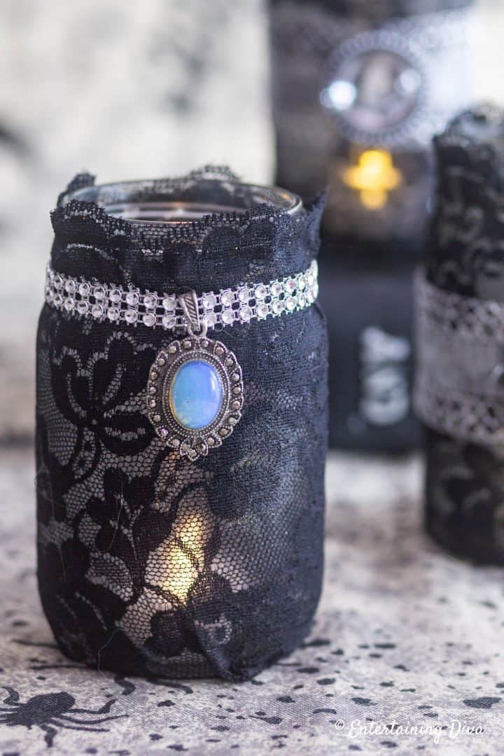 Gothic lace DIY Halloween mason jar candle holder version 2